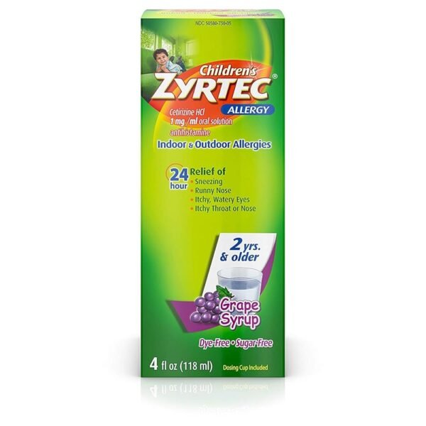 ZYRTEC CHILDRENS 24 HOUR ALLERGY RELIEF SYRUP SUGAR & DYE FREE GRAPE 4 OZ , SYRUP